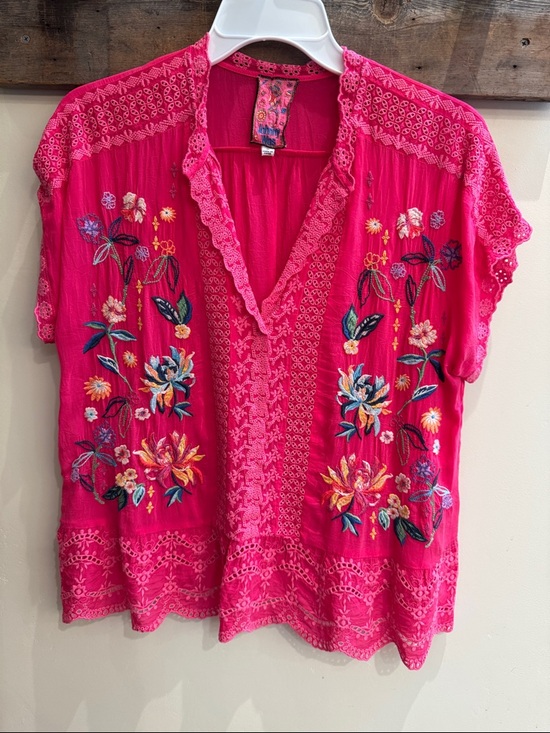 Johnny Was Tops - Johnny Was Fuchsia Embroidered Floral V-Neck Blouse